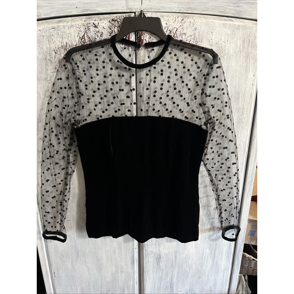 Helen Seidel Sill Blend button up sheer polka Dot top Y2K vintage black Sz 8